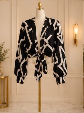 Black & White Tie-Front Women's Sweater Top